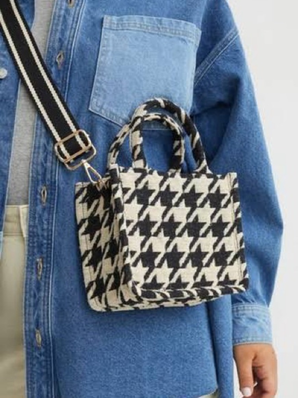 H&M Black & Cream Houndstooth Mini Tote Bag